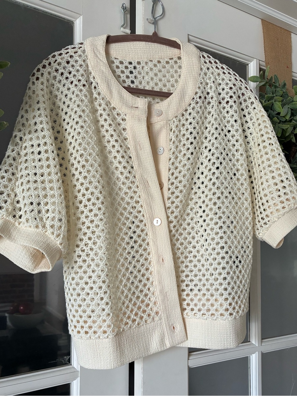 SHEIN Cream Open Weave Short Sleeve Cardigan
